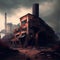 desolated gloomy ruins of buildings and factories in postapocalyptic city