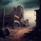 desolated gloomy ruins of buildings and factories in postapocalyptic city