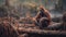 Desolation caused by deforestation, orangutan sits on felled tree. Generative AI
