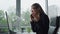 Desperate businesswoman talk phone in office closeup. Worried manager complain