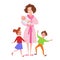 Desperate Mother with Newborn and Children. Tired Cartoon Woman and Romping Kids. Motherhood Concept