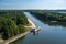 Dessel, Antwerp Province, Belgium - Tower view over the woods and the canal with a ship