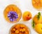 Dessert apricots in glass with flower