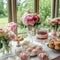 Dessert buffet with peony flowers, catering for wedding, party and holiday celebration, cakes and desserts in a countryside garden