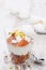 Dessert with canned peaches, cream, meringue