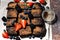 dessert - chocolate brownies with fresh berries, top view