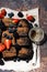 dessert - chocolate brownies with fresh berries, vertical