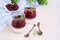 Dessert, creamy panna cotta with cherry sauce in in vintage glass jars