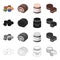 Dessert dragee, chocolate roll, chocolate pasta, puff pastry. Dessert set collection icons in cartoon black monochrome