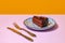 Dessert. Food pop art photography. Plate with cake on lilac color tablecloth over orange background. Vintage, retro