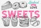 Dessert illustration - cake, donut, croissant, cupcake, muffin for bakery