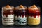 Dessert jars on a black background, presenting a delectable selection of mini sweet treats
