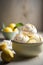 Dessert with lemon mousse and fluffy meringues on light background with copy space. Generative AI