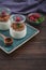 Dessert panna cotta with caramel cheese and fresh raspberry