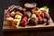 dessert platter with bite-sized pastries and chocolates