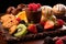 dessert platter with pastries, chocolate, and fruit