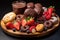 dessert platter with pastries, chocolate, and fruit