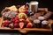 dessert platter with pastries, chocolate, and fruit