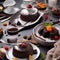 A dessert platter showcasing a decadent chocolate lava cake oozing with rich, molten chocolate1