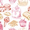 Dessert seamless pattern. Sweet background in hand drawn style. Wallpaper with cupcake, waffles, pretzel. Vector illustration