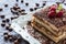 Dessert Tiramisu Cake with Grated Chocolate, Raspberry and Mint