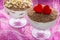 Dessert tiramisu cheese dessert in bowls to Valentine`s day