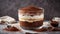 Dessert tiramisu in a glass bowl, cocoa