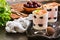 Dessert yogurt with berries in a glass. . Yogurt with canned cherries and mint leaves. Selective focus