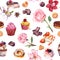 Desserts, hand drawn watercolor seamless pattern. Aquarelle orchid, rose and peony background. Delicious sweets, cakes