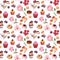 Desserts, hand drawn watercolor seamless pattern. Aquarelle orchid, rose and peony background. Delicious sweets, cakes