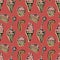 Desserts and sweets seamless pattern on a red background. A hand drawn doodle ice cream cone, cake, caramel on a stick, sweets, Ch