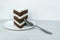 Dessertspoon and a piece of chocolate sponge cake with butter cream are located on the left. White background