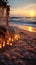 Destination wedding setup on a beach at sunset, symbolizing love and togetherness