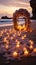 Destination wedding setup on a beach at sunset, symbolizing love and togetherness