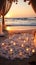 Destination wedding setup on a beach at sunset, symbolizing love and togetherness