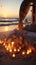 Destination wedding setup on a beach at sunset, symbolizing love and togetherness