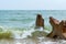 Destroed stone pier, splash wave sea
