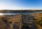 Destroyed abandoned Ajuda bridge drone aerial view, crossing the Guadiana river