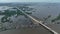 Destroyed Antonovsky bridge, Kherson city. Top aerial view of the bridge and the occupied territory.