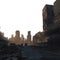 Destroyed bombarded city. War zone. Post war. Post apocalypse megalopolis. Futuristic barren cityscape skyline. Transparent PNG.