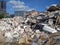 Destroyed building, earthquake, pile of rubble and debris, landfill