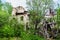 Destroyed building in a forest area