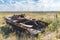 Destroyed burnt combat vehicle stands on the side of the road