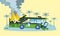 Destroyed bus in fire concept banner, flat style