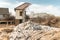 Destroyed civilian house. Destroyed walls and windows of the building. Ruins of a destroyed house