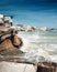 Destroyed garages for boats during the tide of the sea