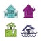 Destroyed house icon set, color outline style