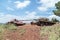 Destroyed Israeli and Syrian tanks after the Doomsday Yom Kippur War on the Golan Heights in Israel, near the border with Syria