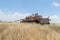 Destroyed Israeli tank is after the Doomsday Yom Kippur War on the Golan Heights in Israel, near the border with Syria