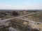 Destroyed livestock farm in the north of Ukraine, aerial view. Dilapidated industrial buildings